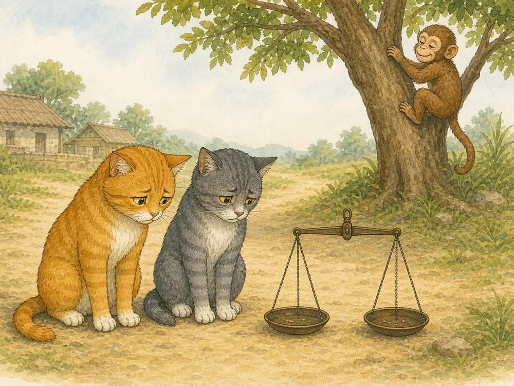 The cats stand sadly near an empty scale after the monkey has eaten the bread