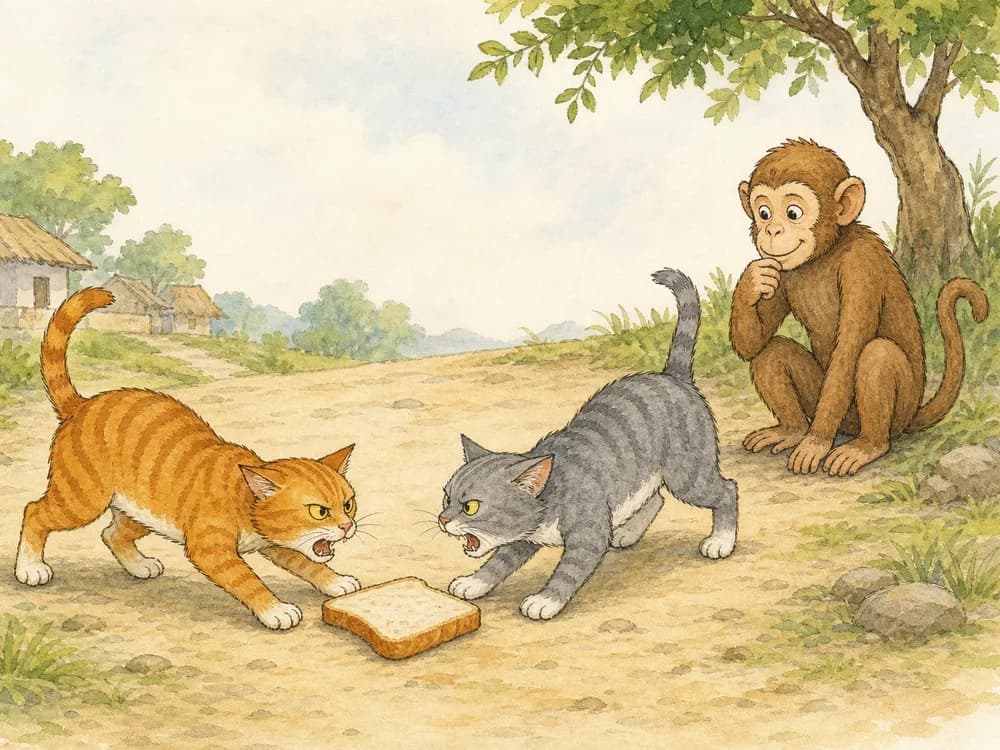 Two cats arguing over a piece of bread while a monkey watches