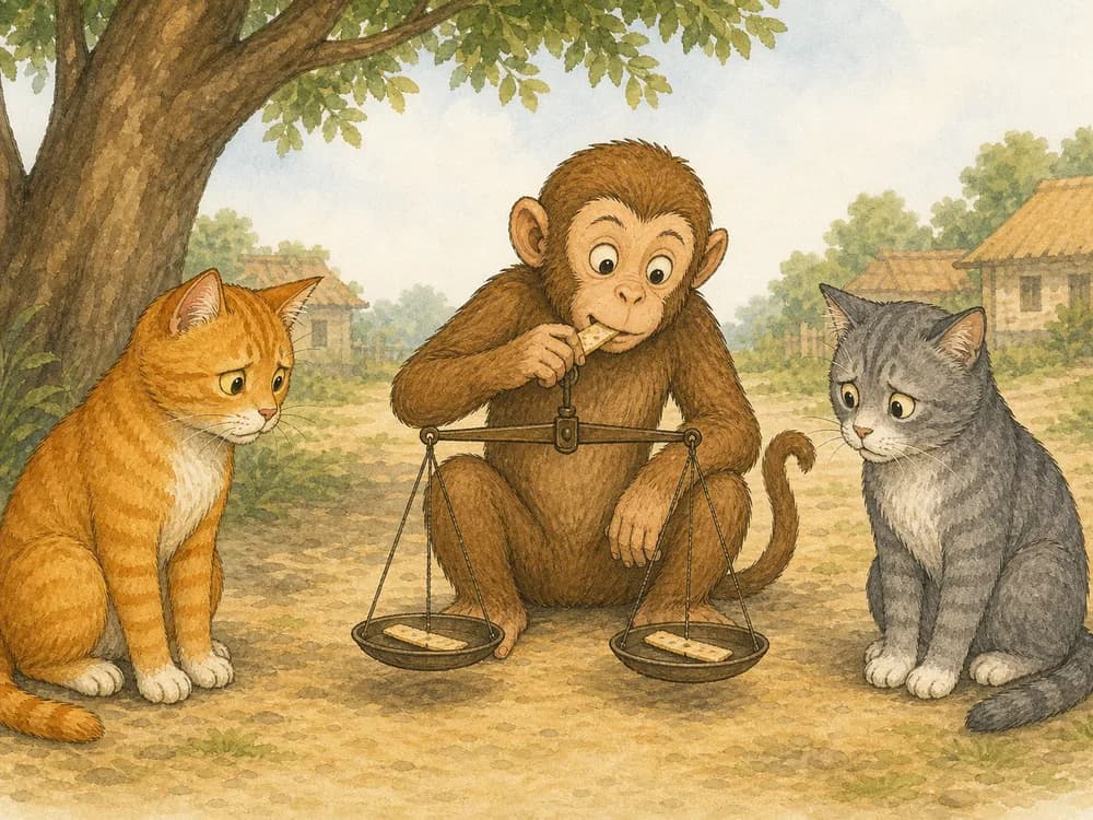 The monkey bites the larger thin bread piece while the cats watch anxiously