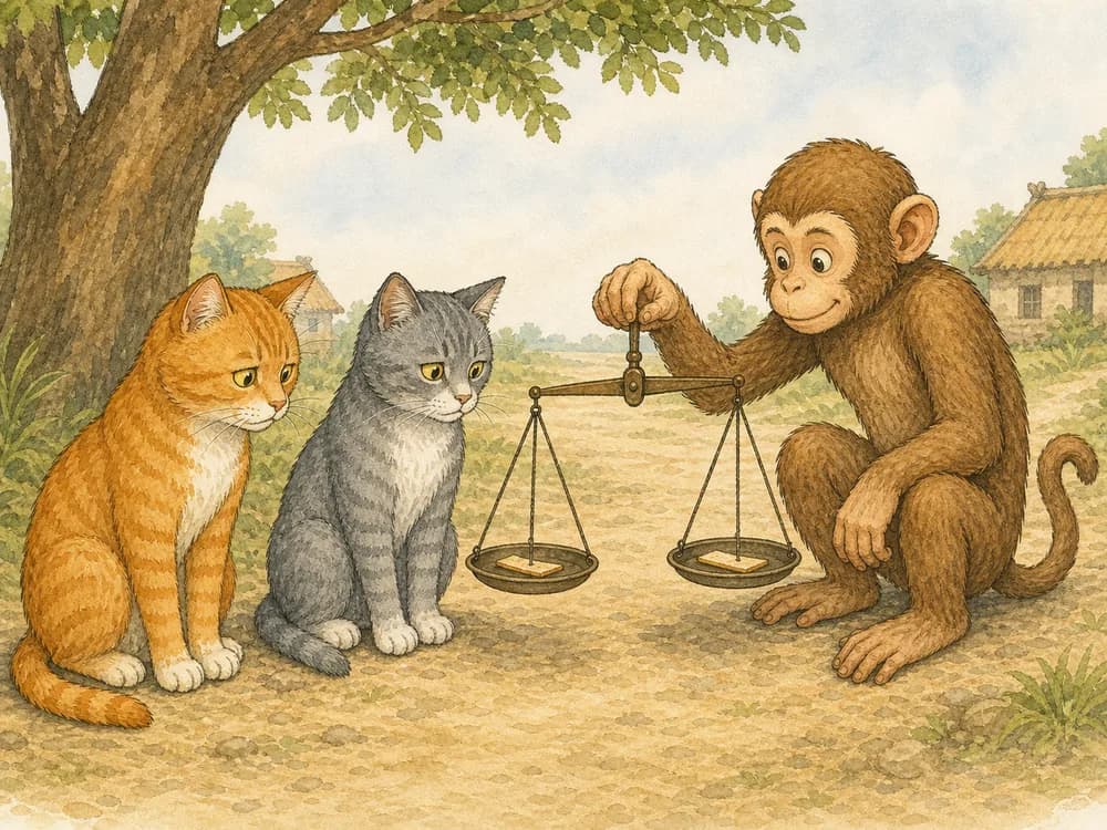 The monkey uses a balance scale to divide thin pieces of bread between the cats