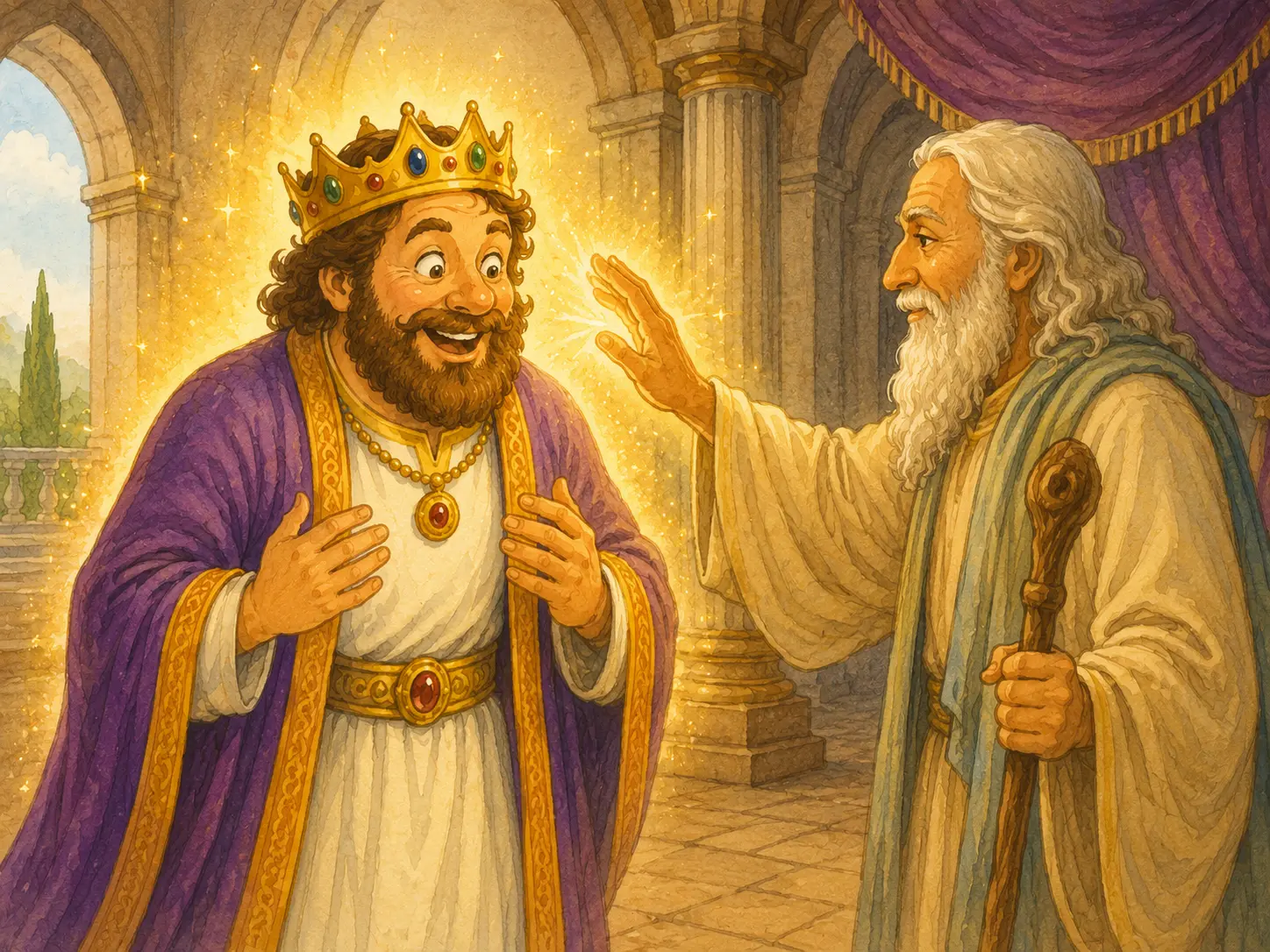 King Midas receiving the golden touch in the palace
