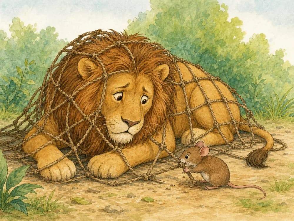 A small mouse chewing a rope net to free a kind lion