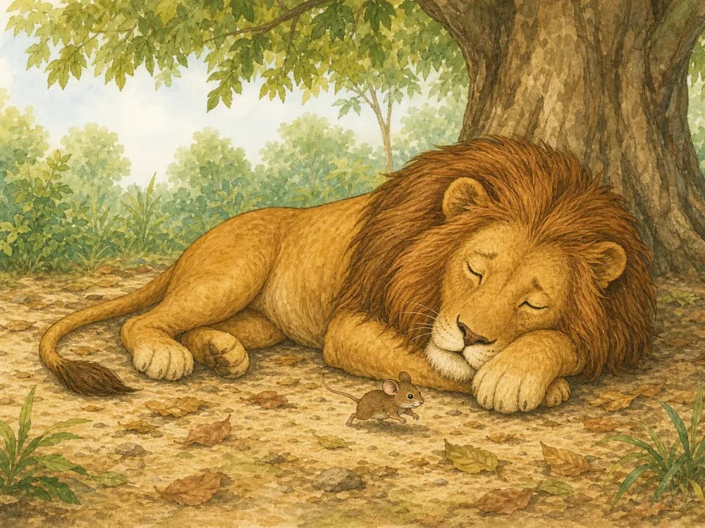 A tiny mouse running near a sleeping lion under a tree