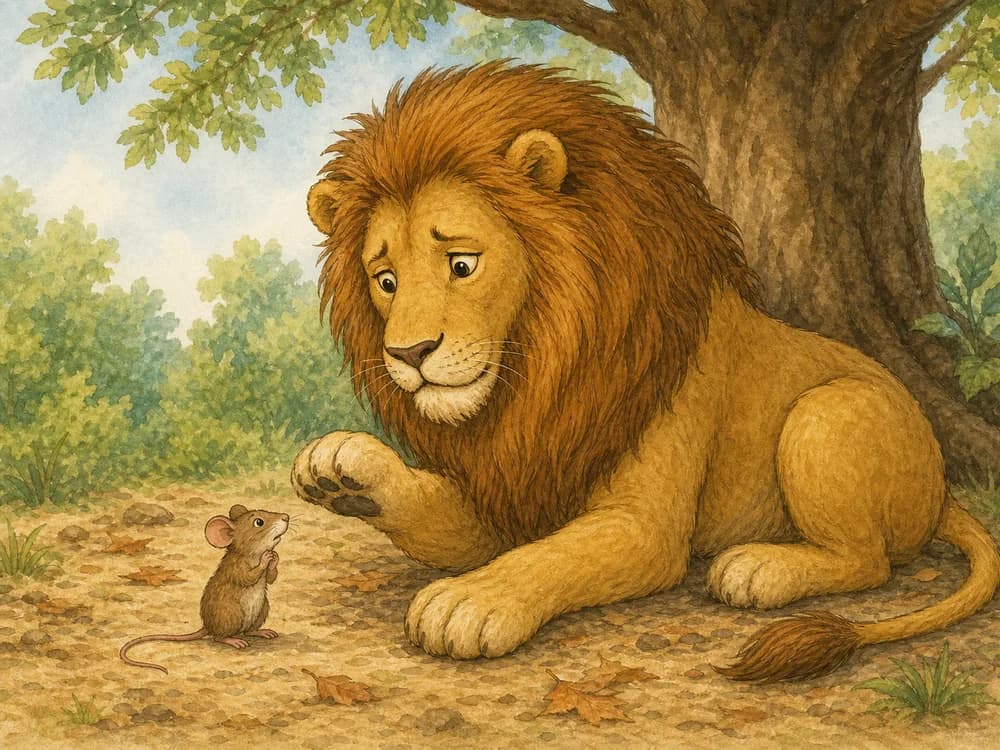 A gentle lion letting a frightened little mouse go free
