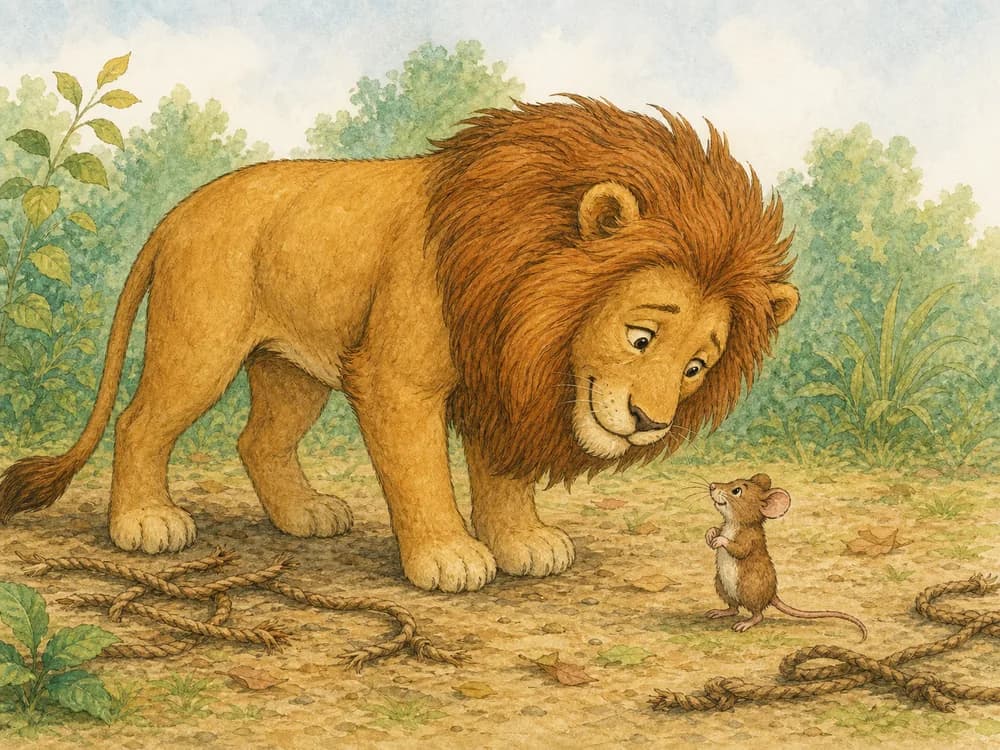The freed lion thanking the small mouse beside broken ropes